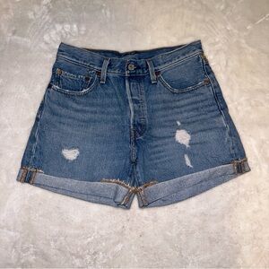 Levi's Medium Blue Distressed Rolled-Hem Jean Shorts Size 26